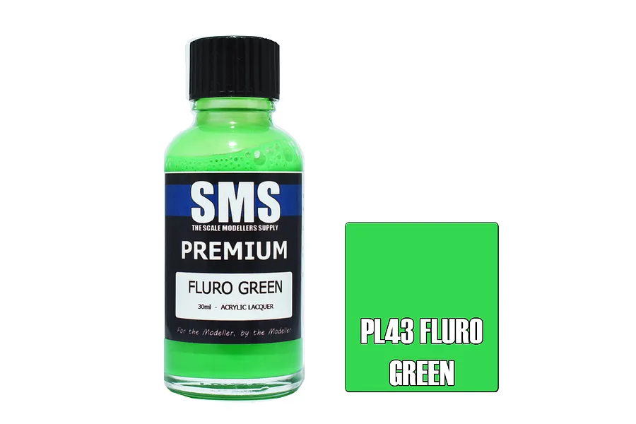 A 30ml bottle of Scale Modellers Supply Premium Fluro Green acrylic lacquer paint next to a green color swatch labeled PL43 FLURO GREEN.