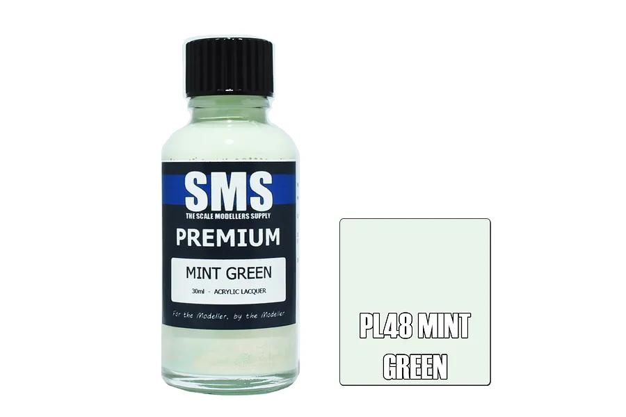 A 30ml bottle of Scale Modellers Supply Premium Mint Green acrylic lacquer paint with a black cap and a color swatch box labeled PL48 MINT GREEN.