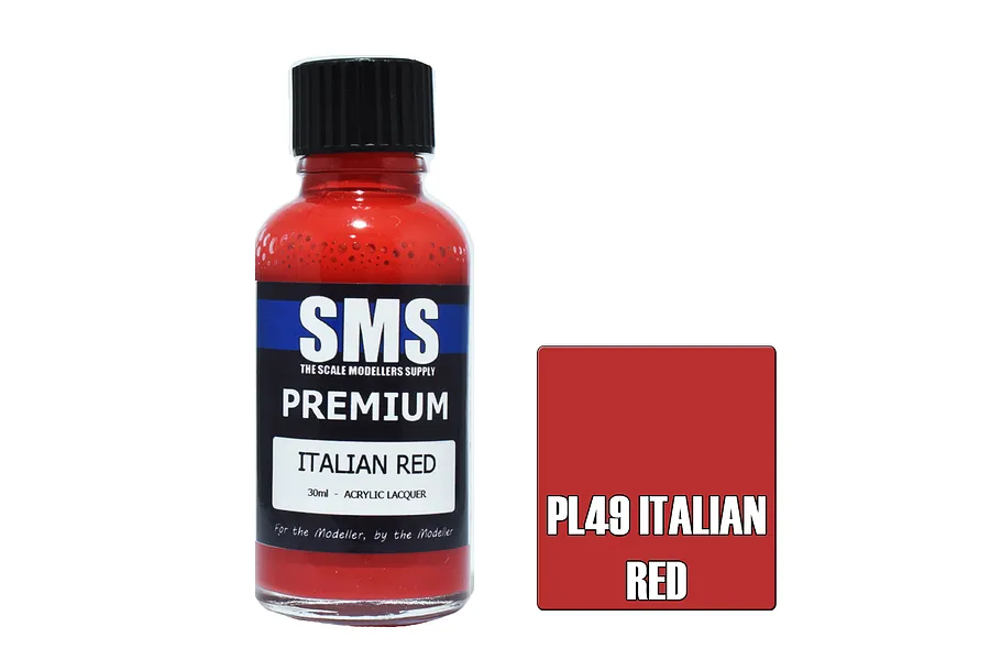 A 30ml bottle of SMS Premium Italian Red acrylic lacquer paint next to a red color swatch labeled PL49 Italian Red.