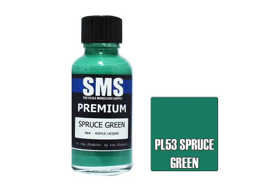 A 30ml bottle of SMS Premium Spruce Green acrylic lacquer paint next to a color swatch square labeled PL53 Spruce Green.