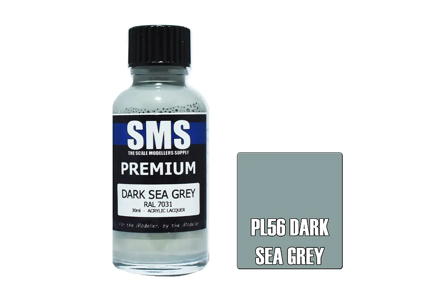 A 30ml bottle of SMS Premium Dark Sea Grey acrylic lacquer paint next to a color swatch square labeled PL56 Dark Sea Grey.