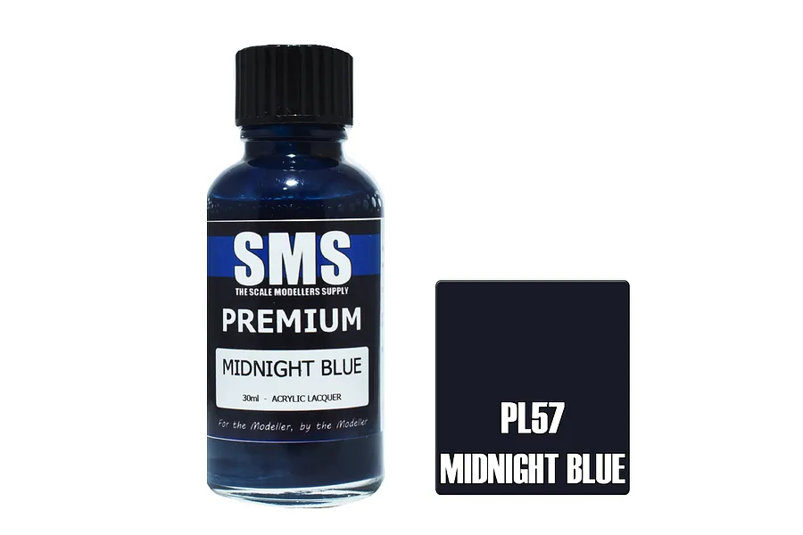 A 30ml bottle of Scale Modellers Supply Midnight Blue acrylic lacquer paint with a black cap, next to a color swatch labeled PL57 Midnight Blue.