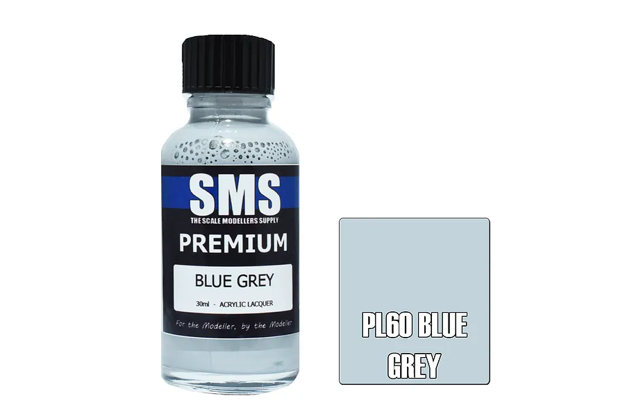 A 30ml bottle of SMS Premium Blue Grey acrylic lacquer paint with a black cap and a color swatch square next to it.