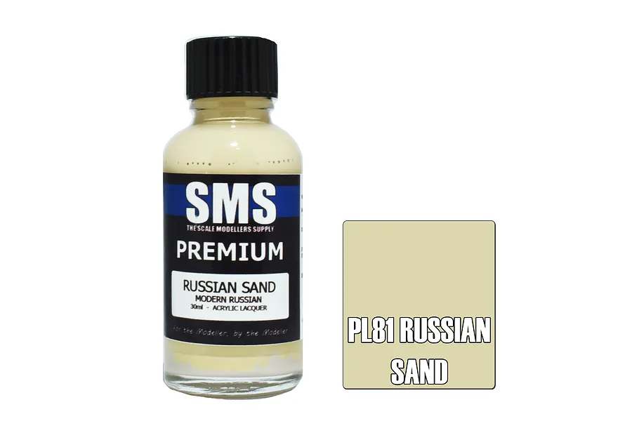 A 30ml bottle of Scale Modellers Supply Premium Russian Sand acrylic lacquer paint with a black cap and a colour swatch showing the paint tone.