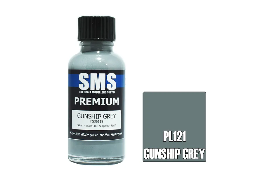 A 30ml bottle of SMS Premium Gunship Grey acrylic lacquer paint with a black cap, next to a grey colour swatch labeled PL121 Gunship Grey.