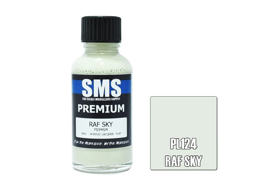 A 30ml bottle of Scale Modellers Supply Premium RAF Sky paint with a black cap and a label showing the product name, FS34424, and paint type.