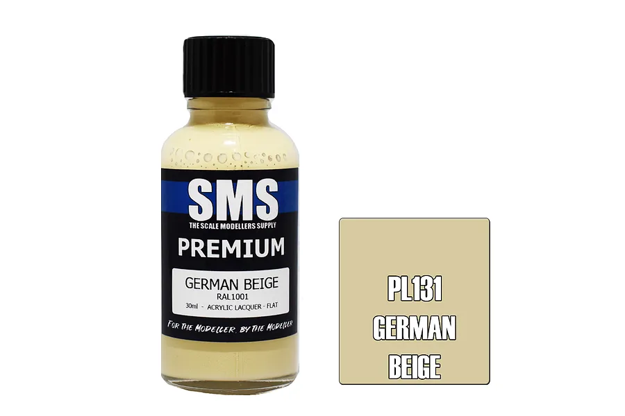 A 30ml bottle of Scale Modellers Supply Premium German Beige acrylic lacquer paint with a black cap, next to a beige color swatch labeled PL131.