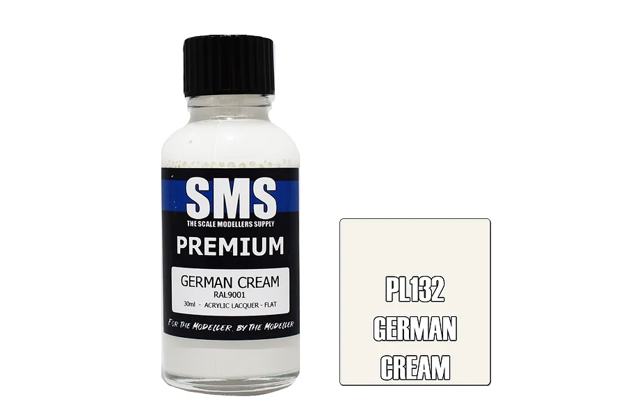 A 30ml bottle of SMS Premium German Cream acrylic lacquer paint with a black cap and a label showing the product name and RAL9001 code.