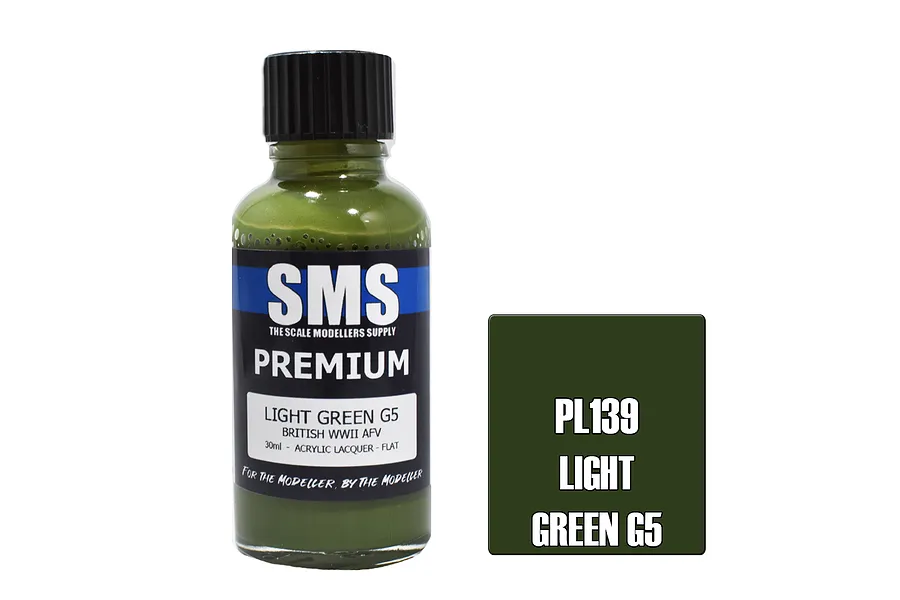 A 30ml bottle of Scale Modellers Supply Light Green G5 paint next to a color swatch square.