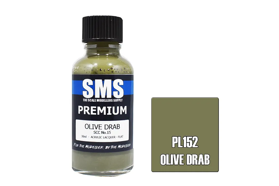 A 30ml bottle of SMS Premium Olive Drab SCC No.15 acrylic lacquer paint next to a color swatch labeled PL152 Olive Drab.