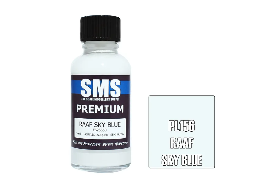 A 30ml bottle of Scale Modellers Supply Premium RAAF Sky Blue acrylic lacquer paint with a black cap and a label showing product details.