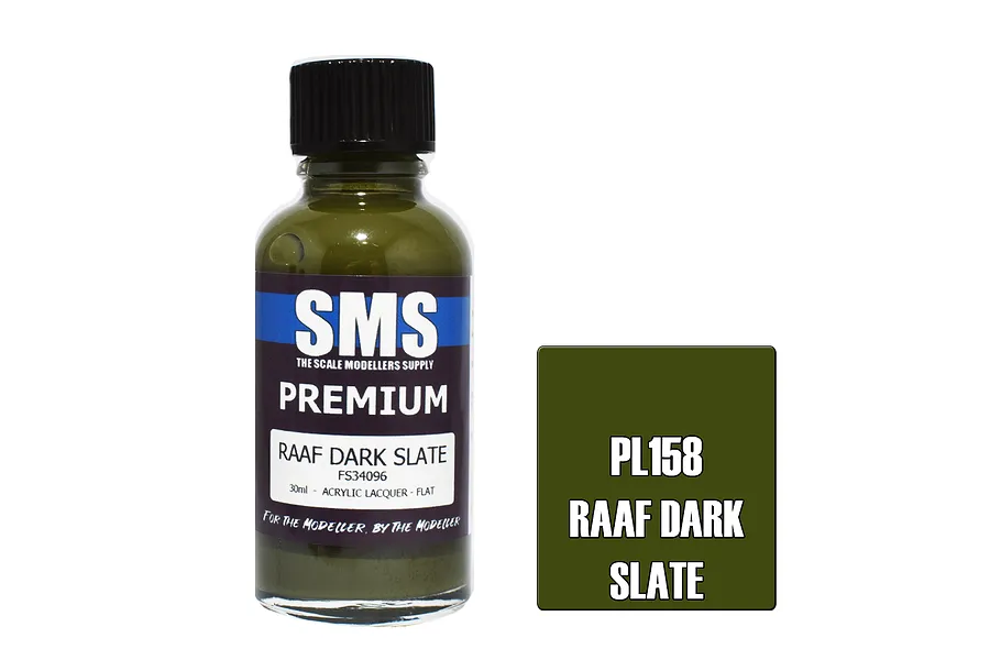A 30ml bottle of Scale Modellers Supply RAAF Dark Slate paint next to a color swatch square.