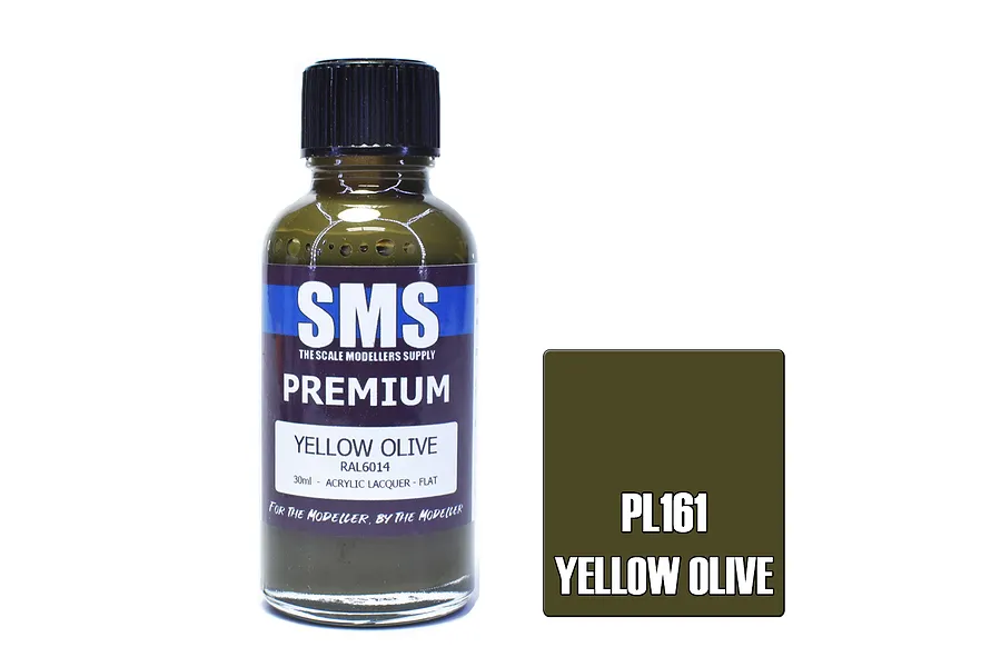 A 30ml bottle of SMS Premium Yellow Olive acrylic lacquer paint next to a color swatch square labeled PL161 Yellow Olive.