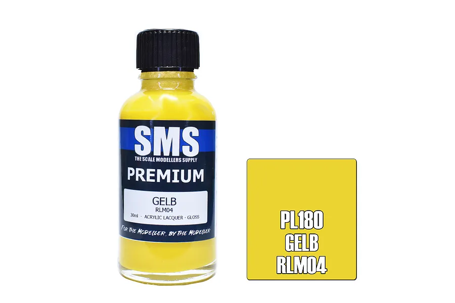 A 30ml bottle of Scale Modellers Supply Premium Gelb RLM04 acrylic lacquer paint with a black cap, next to a yellow color swatch square.