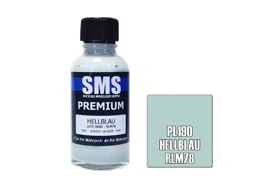 A 30ml bottle of SMS Premium Hellblau RLM78 acrylic lacquer paint next to a color swatch square, set against a white background.