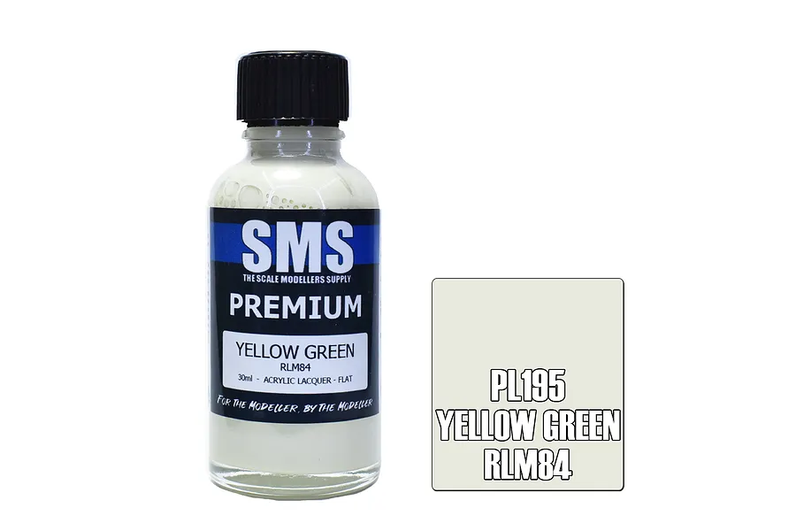 A 30ml bottle of SMS Premium Yellow Green RLM84 acrylic lacquer paint next to a color swatch square.