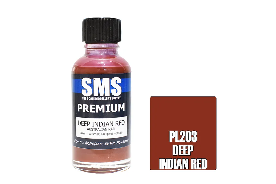 A 30ml bottle of SMS Premium Deep Indian Red acrylic lacquer paint next to a color swatch square labeled PL203 Deep Indian Red.