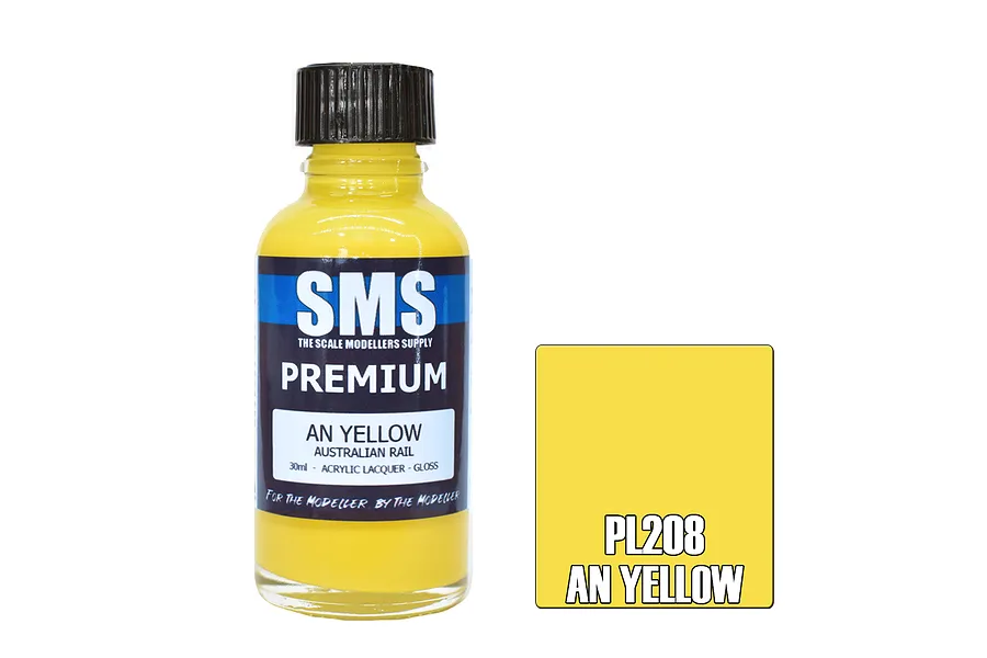 A 30ml bottle of Scale Modellers Supply AN Yellow acrylic lacquer paint with a black cap, next to a yellow color swatch labeled PL208 AN Yellow.