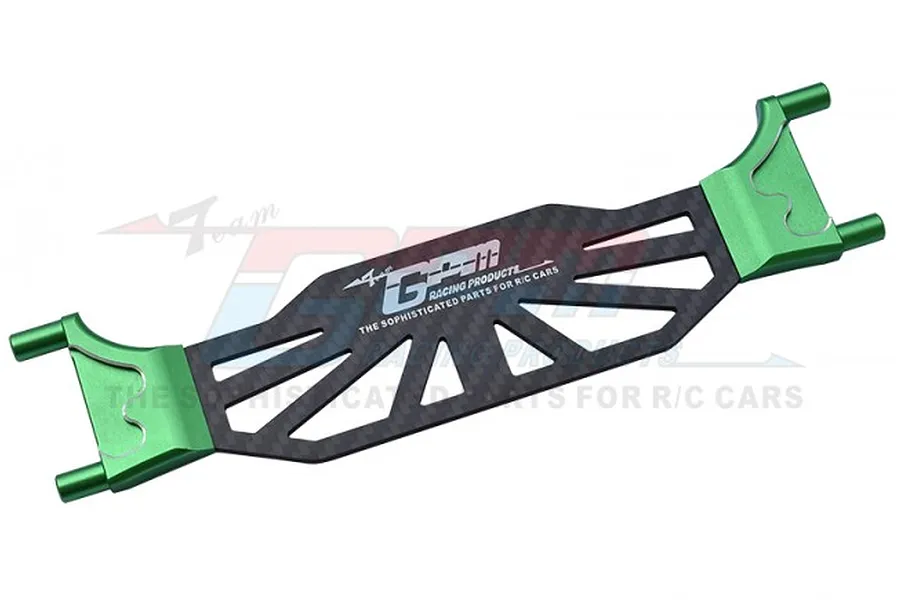 GPM Racing green aluminium and carbon fibre battery hold-down bar for RC cars.