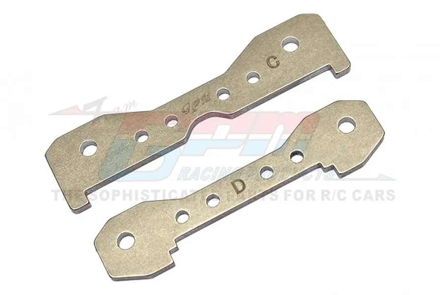 Two flat, silver-coloured stainless steel RC bulkhead tie bars with multiple mounting holes and laser-etched markings.