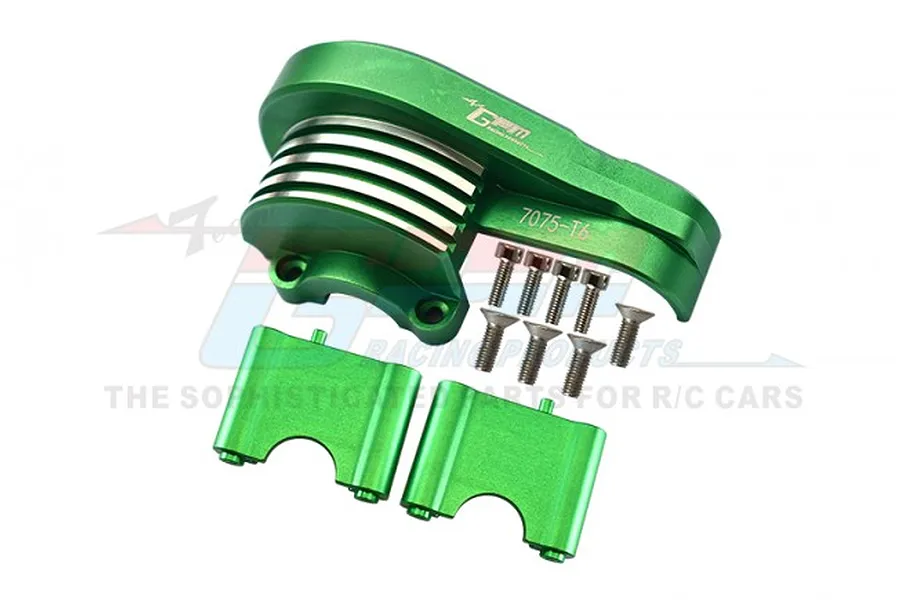 GPM Racing green aluminium main gear cover set for RC cars, including mounting hardware and two additional green aluminium brackets.