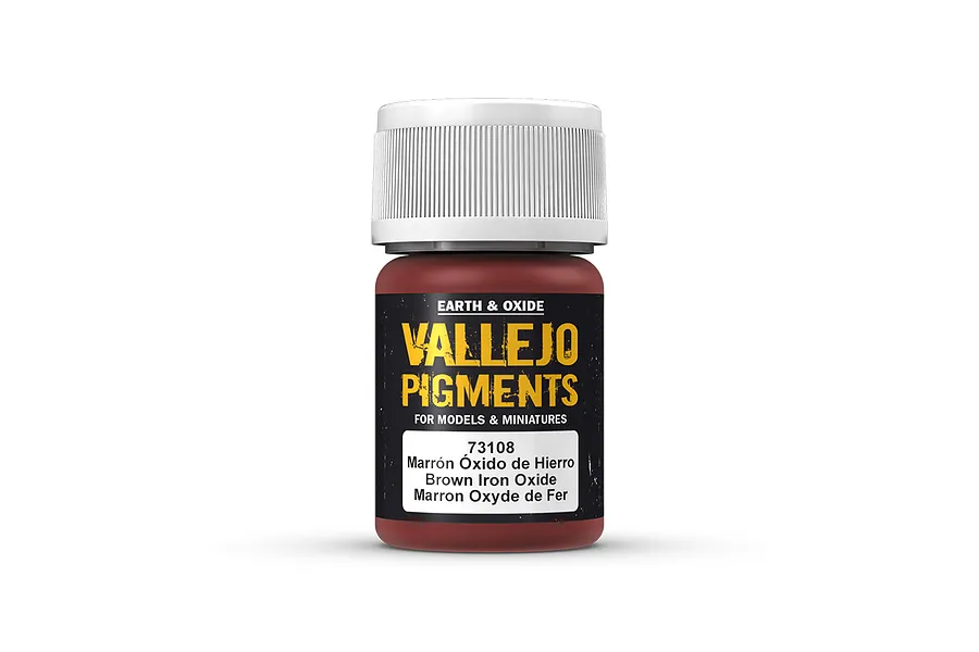 A 30ml jar of Vallejo Brown Iron Oxide pigment for scale models, featuring a white screw-top lid and a black label with yellow and white text.