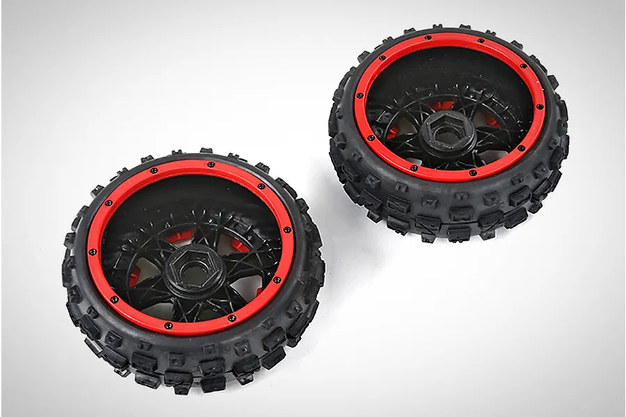 Two Rovan Wasteland front RC buggy tyres with black rubber treads and black wheels featuring red beadlock-style outer rings.