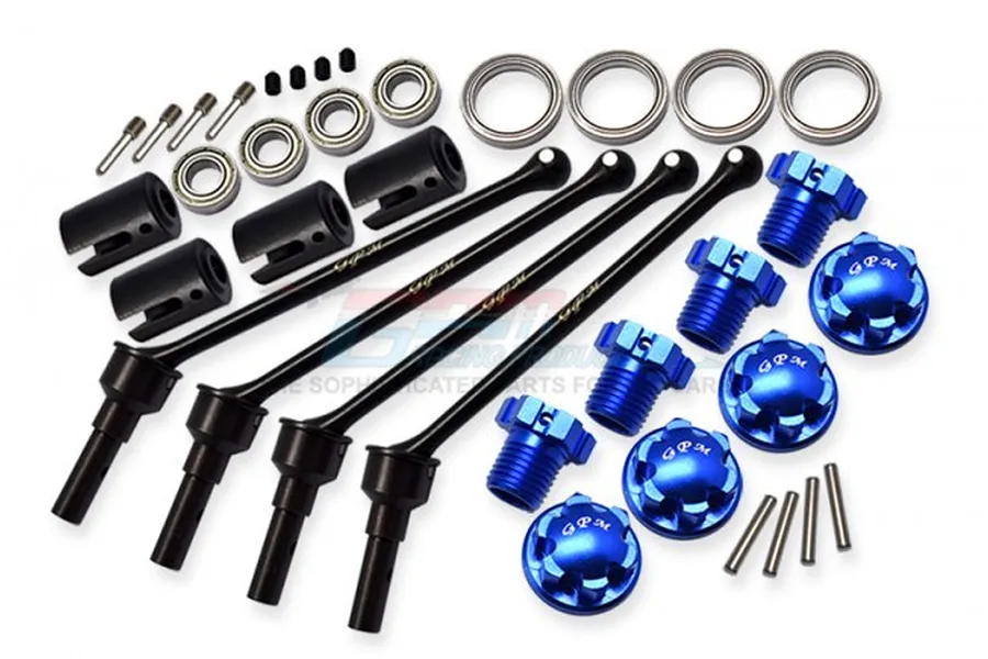 GPM Hardened Steel 110mm Front &amp;amp; Rear CVD Shaft w/ Blue Aluminium Wheel Lock &amp;amp; Hex Claw Set image 70936