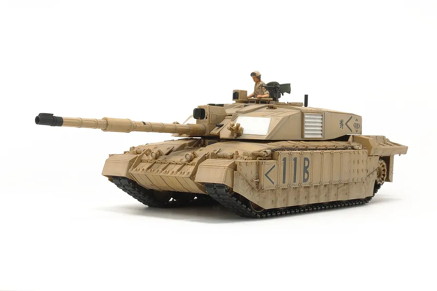 A Tamiya 1/48 scale British Challenger 2 desertised tank model kit, fully assembled and painted in a tan desert camouflage scheme.