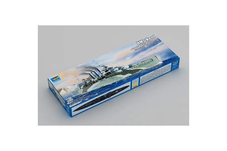 Trumpeter 1/700 scale HMS Kent plastic model ship kit box, showing artwork of the warship at sea.