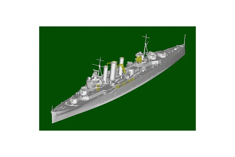 A 3D digital render of a grey HMS Kent warship model against a dark green background, showing detailed deck structures and yellow photo-etched parts.