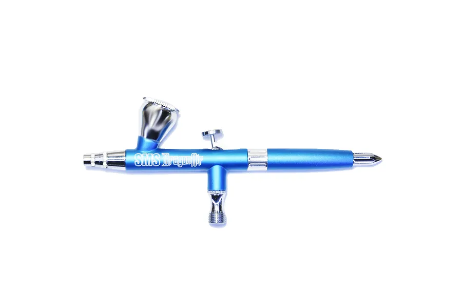 A blue Scale Modellers Supply DragonAir airbrush with chrome accents, shown from the side against a white background.