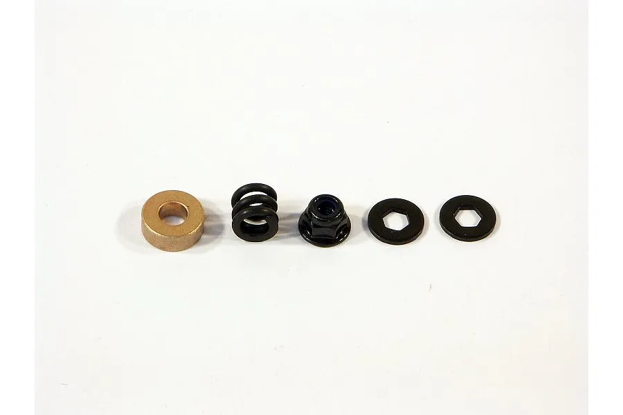 HPI Savage slipper clutch hardware set including a brass bushing, spring, lock nut, and two hexagonal washers arranged on a white background.