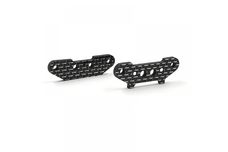 Two carbon fiber suspension mounts for Kyosho Optima Mid RC car on a white background.