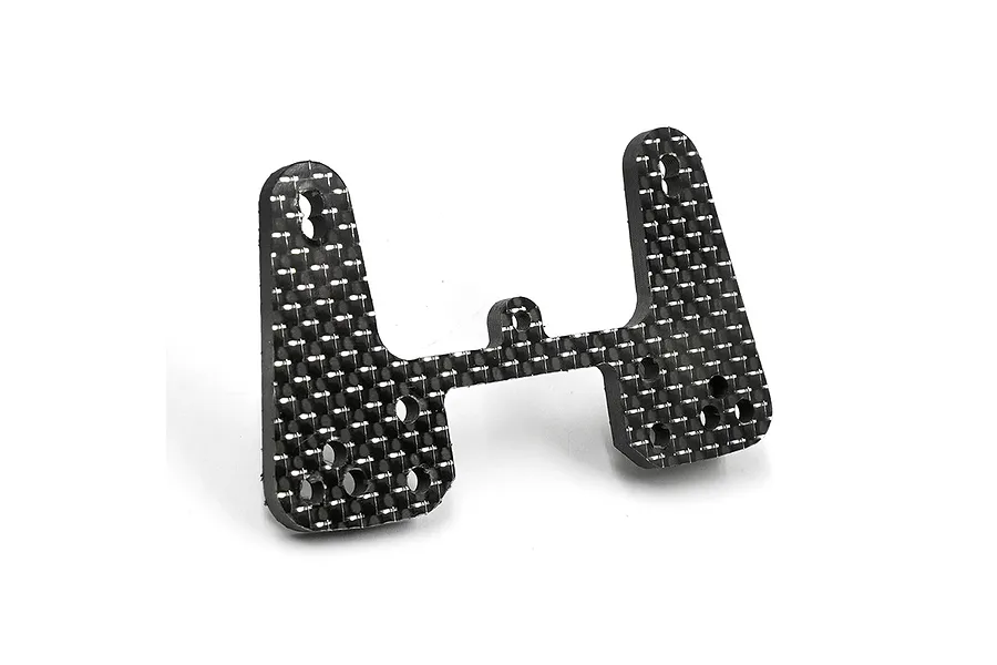 A black carbon fiber front shock tower for a Kyosho Optima Mid RC car, featuring multiple mounting holes and a woven texture.