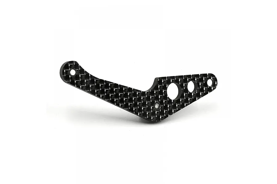 A carbon fiber gear box brace for a Kyosho Optima Mid RC car, featuring a distinct angled shape with multiple mounting holes.