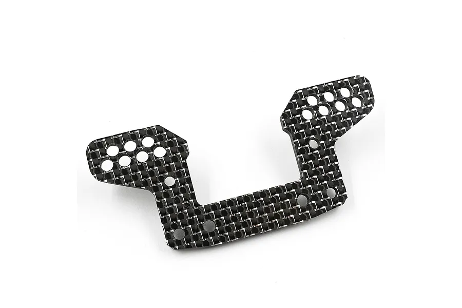 A black carbon fiber rear camber link mount for a Kyosho Optima Mid RC car, featuring multiple mounting holes and a woven texture.