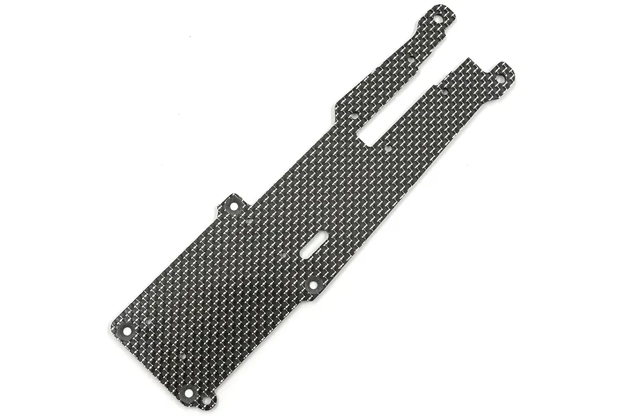 A carbon fiber upper deck plate for a Kyosho Optima Mid RC car, featuring a woven pattern and multiple mounting holes.