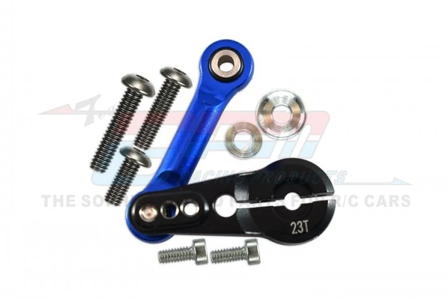GPM Racing black aluminium 23T servo horn with blue tie rod and mounting hardware on a white background.