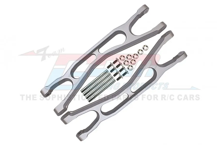 GPM Racing silver aluminium upper suspension arms for WideMaxx RC car, including metal pins and hardware, displayed on a white background.