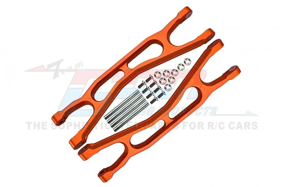 Two orange anodized aluminium RC suspension arms with metal pins and washers, set against a white background with a faint GPM logo.