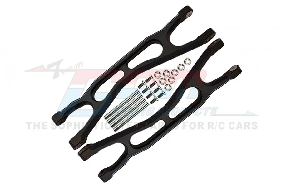 Two black aluminium extended upper suspension arms for Traxxas WideMaxx with included metal pins and washers, displayed on a white background.