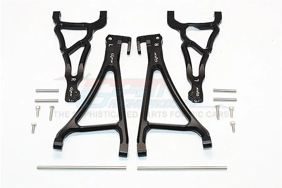 A set of four black aluminium RC suspension arms with included metal pins and screws, arranged on a white background.