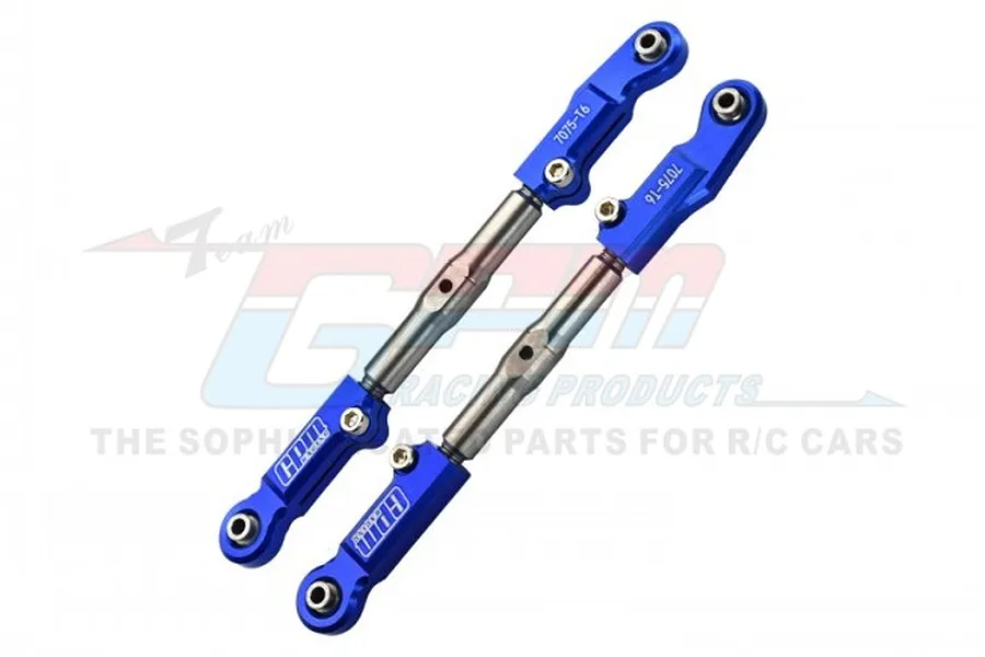 Two blue anodized aluminium adjustable steering linkages with silver metal shafts and GPM Racing branding on a white background.