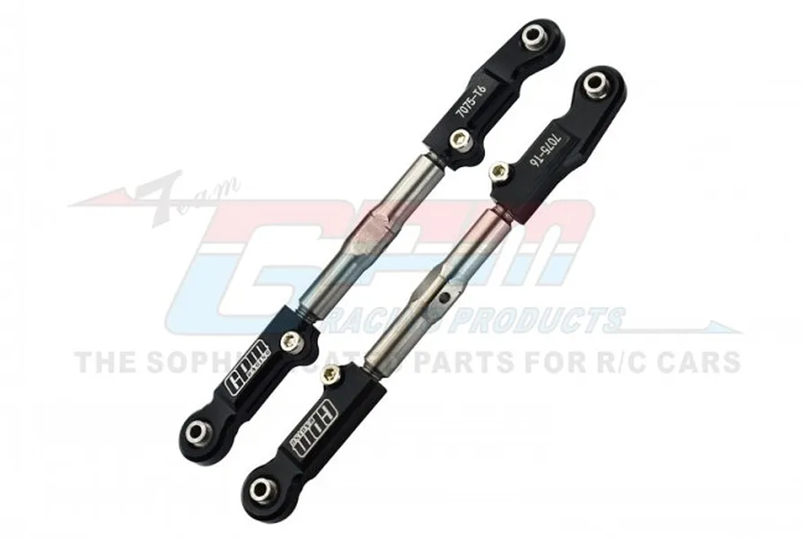 Two black and silver adjustable RC steering linkages from GPM Racing, featuring 7075-T6 aluminium construction.