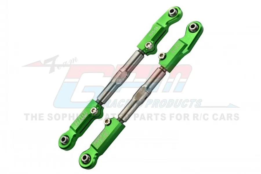 Two GPM Racing green anodised aluminium adjustable steering linkages with silver metal shafts, shown against a white background with a faint logo.