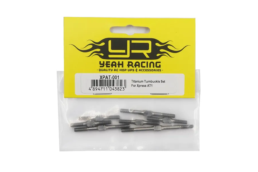 A set of seven silver titanium turnbuckles for the Xpress Arrow AT1 RC car, packaged in a clear plastic bag with a yellow Yeah Racing header card.