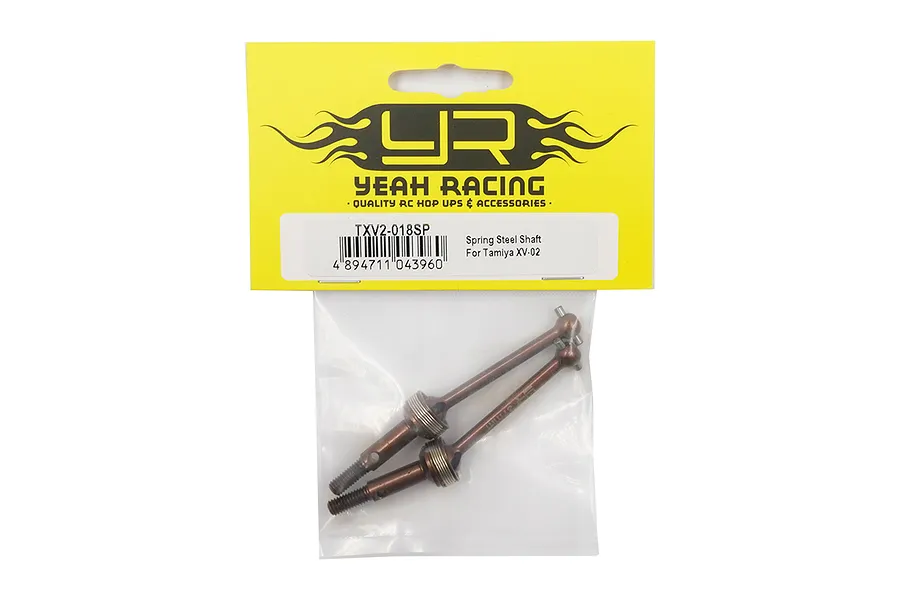 Two Yeah Racing spring steel CVD driveshafts for Tamiya XV-02 in original yellow and white retail packaging.