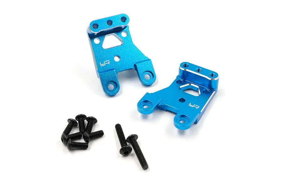 Two blue anodized aluminum shock mounts for Tamiya CC-02 with included black screws on a white background.