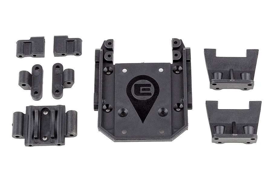 A set of black plastic RC gearbox and servo mount components for the Element RC Enduro IFS chassis, arranged on a white background.